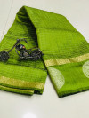 Parrot green color soft linen silk saree