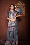 Gray color soft raw silk saree with zari work