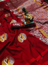 Red color lichi silk saree with silver and golden zari work
