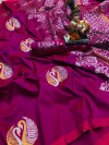 dark pink color lichi silk saree with silver and golden zari work