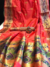 Gajari color soft banarasi silk saree with zari woven border