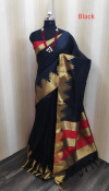 Black color raw silk saree with golden zari weaving temple border