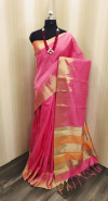 Light pink color raw silk saree with golden zari weaving temple border