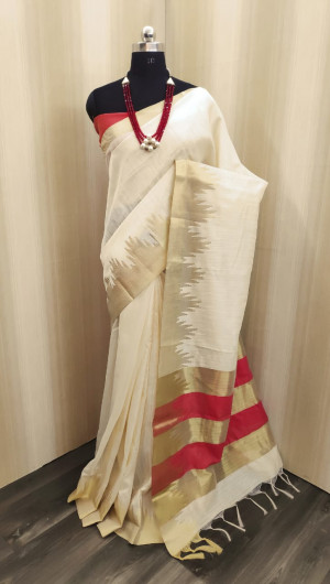 Off white color raw silk saree with golden zari weaving temple border