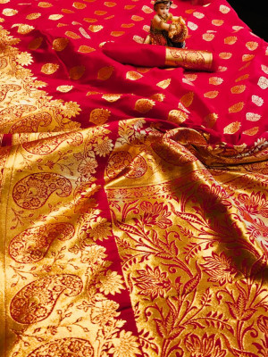 Pink color soft lichi silk saree with golden zari work