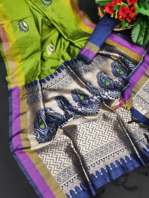 Handloom raw silk saree with zari woven butta and pallu