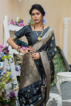 Black color soft banarasi katan silk saree with zari work