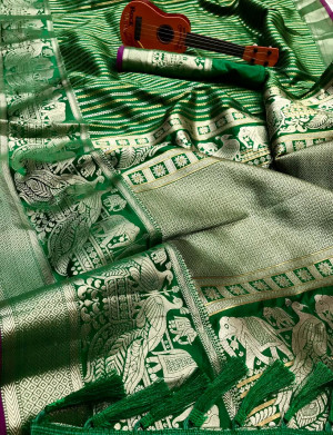 Green color lichi silk saree with zari work