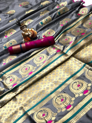 Gray color lichi silk saree with golden zari work