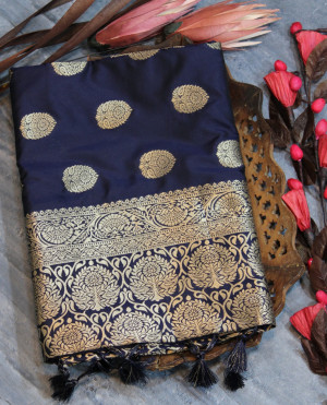 Navy blue color soft banarasi katan silk saree with zari work