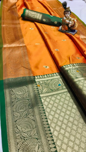 Orange color soft banarasi silk saree with zari  weaving work