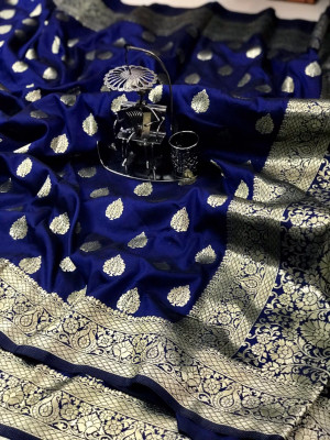 Navy blue color banarasi soft silk handloom weaving saree