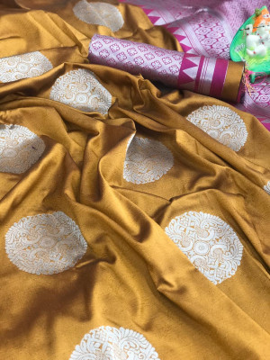 Mustard yellow color lichi silk weaving saree