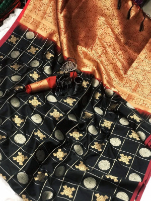 Black color soft banarasi silk saree with gold zari weaving work