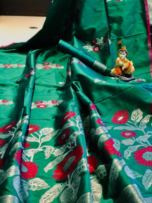 Rama green color lichi silk saree with zari work
