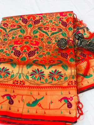 Multi color paithani silk saree with zari woven work