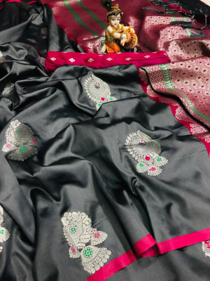 Gray color lichi silk saree with zari weaving work