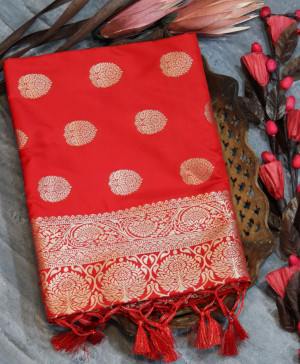 Red color soft banarasi katan silk saree with zari work