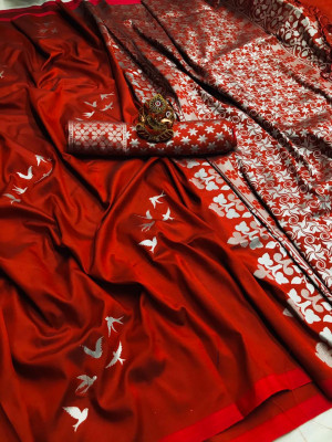 Red color lichi silk saree with zari work