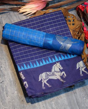 Blue color soft raw silk saree with zari work