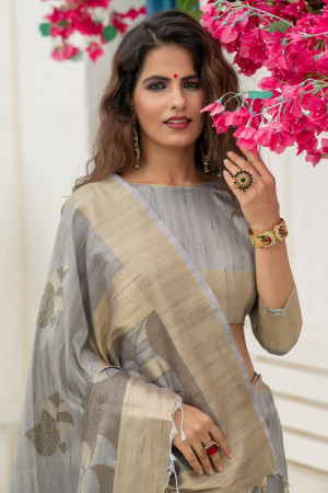 Gray color soft mulberry silk weaving saree with zari work