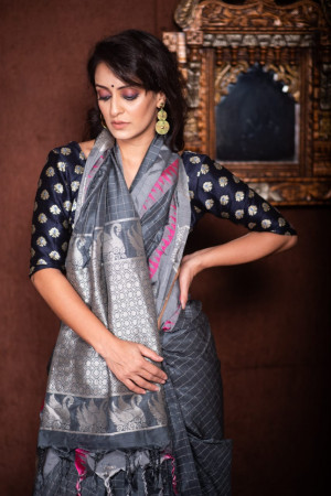 Gray color soft raw silk saree with zari work