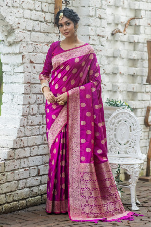 Pink color soft banarasi katan silk saree with zari work