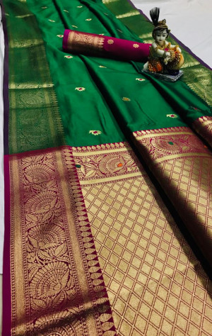 Green color soft banarasi silk  saree with zari weaving work