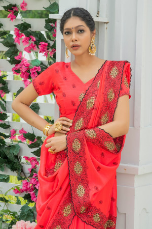 Red color fancy georgette saree