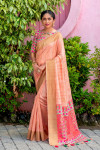 Peach color tussar silk saree with zari weaving work