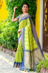 Parrot green color south silk saree with zari woven contrast border