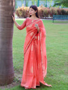 Peach color pure linen silk saree with zari weaving work