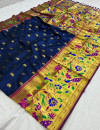 Navy blue color paithani silk saree with golden zari woven work