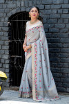 Gray color linen cotton saree with embroidery work