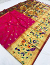 Rani pink color paithani silk saree with golden zari woven work