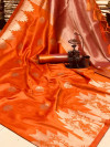 Orange color ikkat silk saree with weaving work