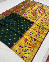 Dark green color paithani silk saree with golden zari woven work