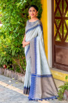 Gray color south silk saree with zari woven contrast border
