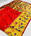Red color paithani silk saree with golden zari woven work