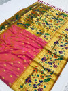 Peach color paithani silk saree with golden zari woven work