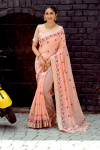 Peach color linen cotton saree with embroidery work