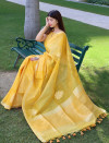 Yellow color pure linen silk saree with zari weaving work