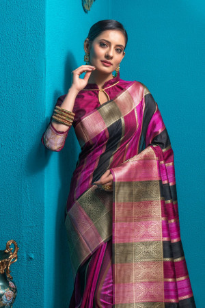 Multi color tussar silk saree with zari woven pallu