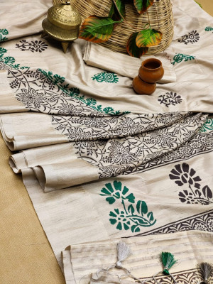 Beige color soft mulberry silk saree with zari woven border