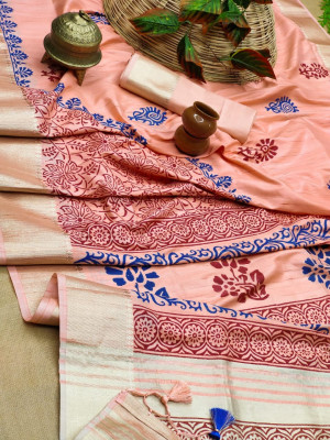 Peach color soft mulberry silk saree with zari woven border