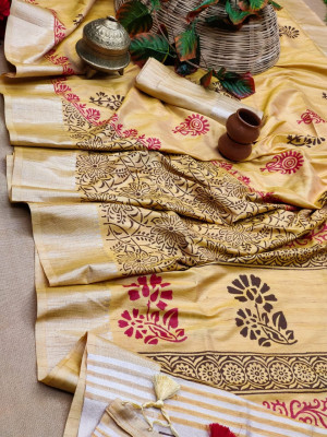 Yellow color soft mulberry silk saree with zari woven border