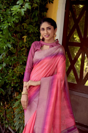 Gajari color south silk saree with zari woven contrast border