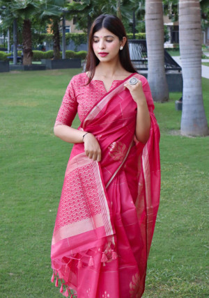 Baby pink color pure linen silk saree with zari weaving work