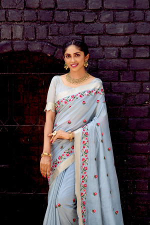 Gray color linen cotton saree with embroidery work