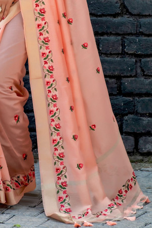 Peach color linen cotton saree with embroidery work
